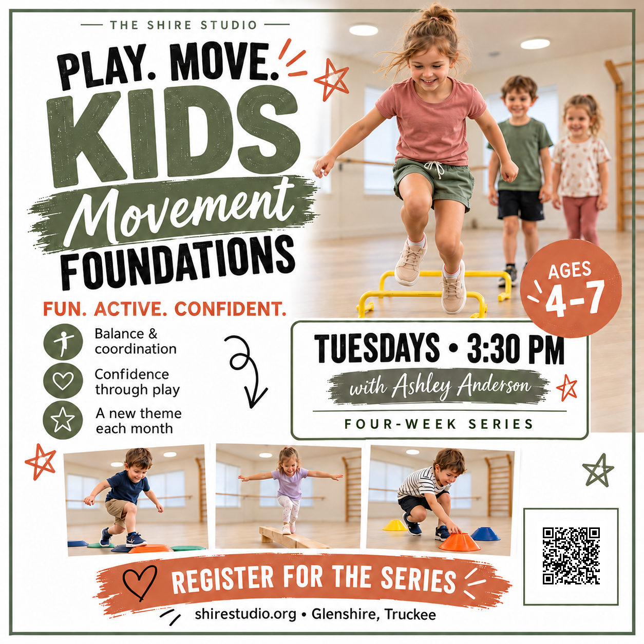 Kids Movement Foundations flyer: ages 4–7, Tuesdays at 3:30 PM with Ashley Anderson, four-week series, with signup QR code